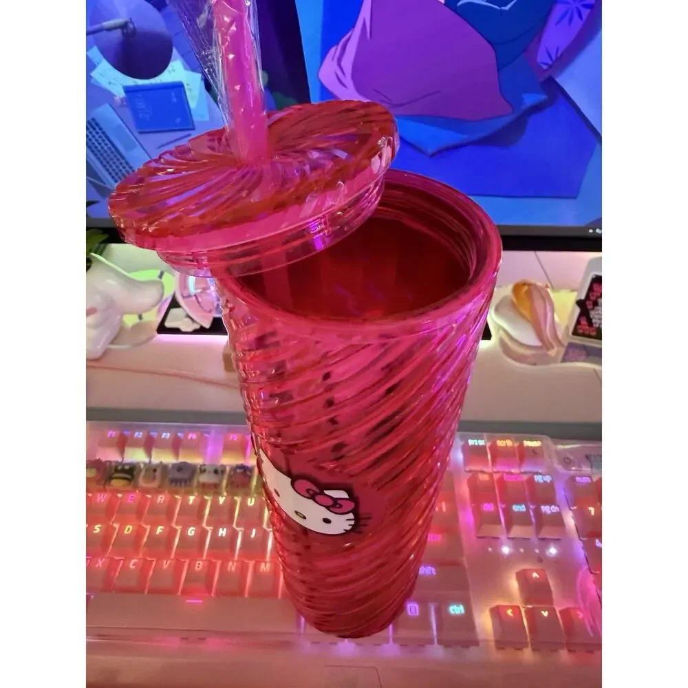 Hello Kitty Swirl Tumbler Lid Straw Shiny Metallic Spiral Plastic Pink Sanrio